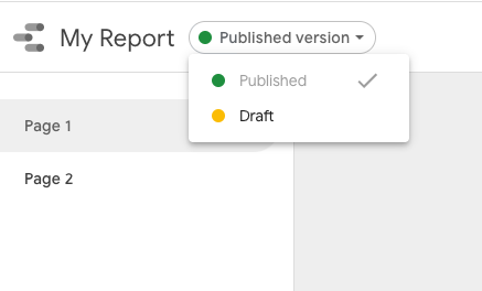 A user selects the Published option from the version button drop-down menu next to the report title, with the text Published version in the button.