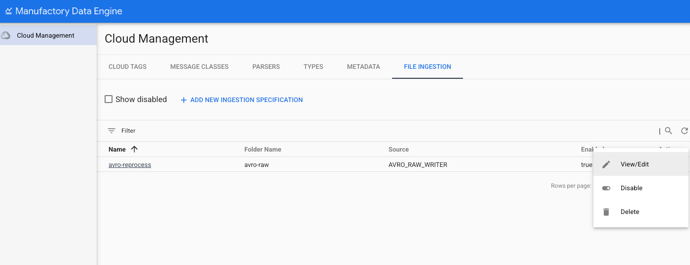 File Ingestion - Action available on ingestion specifications