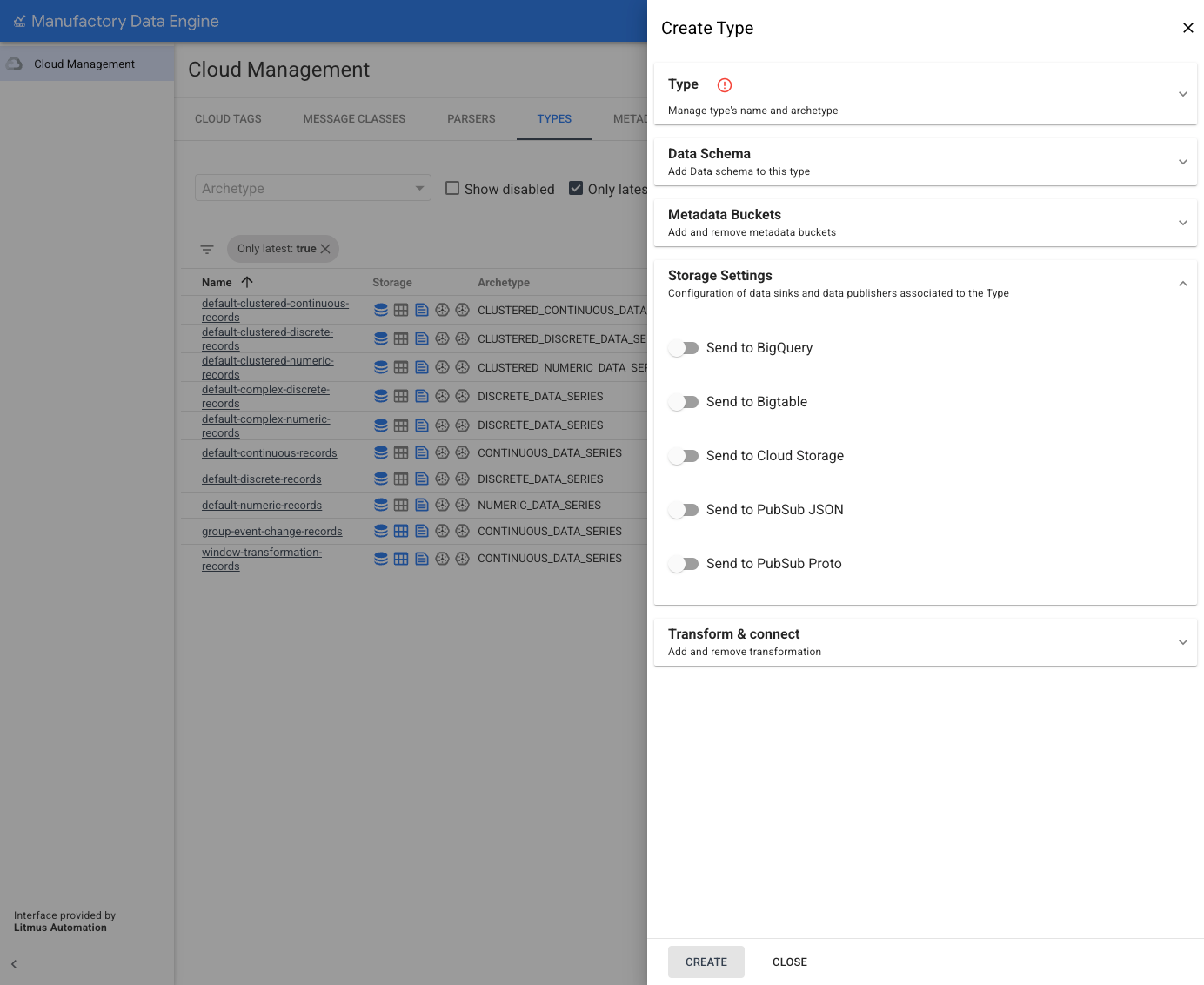 Types section - Create Type - Storage Settings