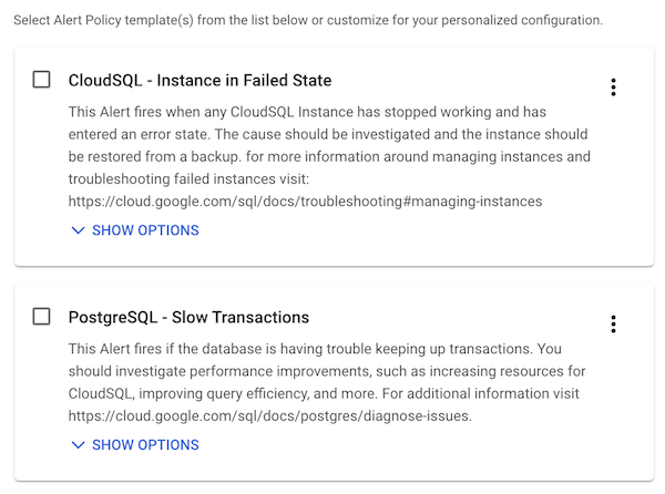 Cloud SQL 통합 패키지에 권장되는 알림 정책 중 두 가지