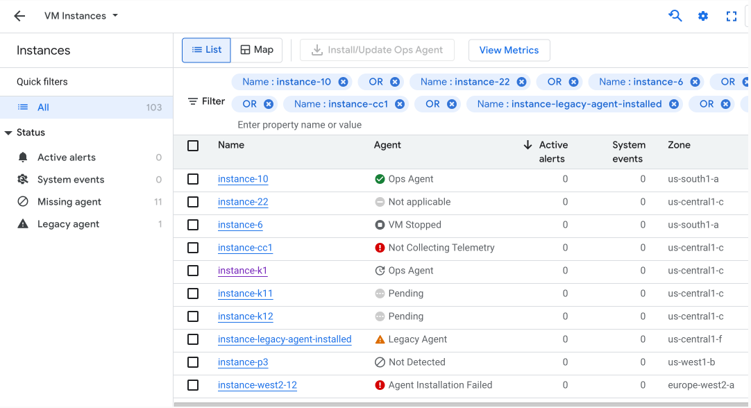 Monitoring の [VM インスタンス] ダッシュボードにエージェントのステータスが表示されている。