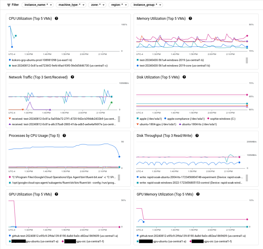 La pagina **Osservabilità** in Compute Engine mostra le cinque VM principali che consumano una determinata risorsa.