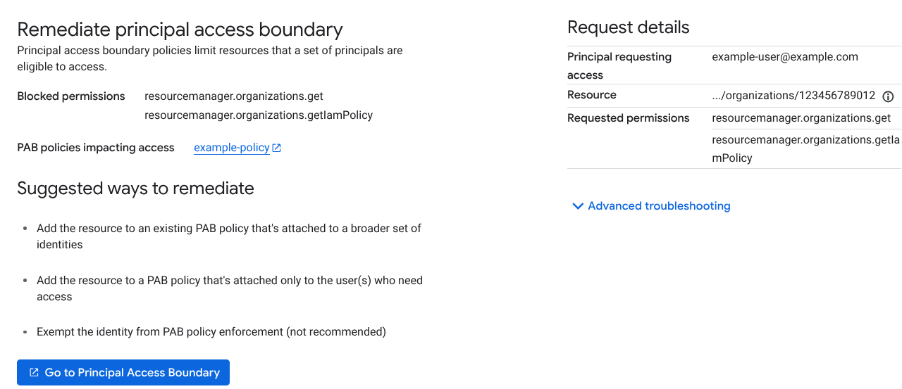 The policy remediation summary page showing principal access boundary details.