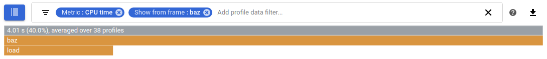 显示 CPU 使用率的 Profiler 图，过滤条件为“显示部分堆栈（从特定帧开始）”