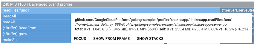 割り当て済みヒープ プロファイルの種類に関する readfile のツールチップの比較。