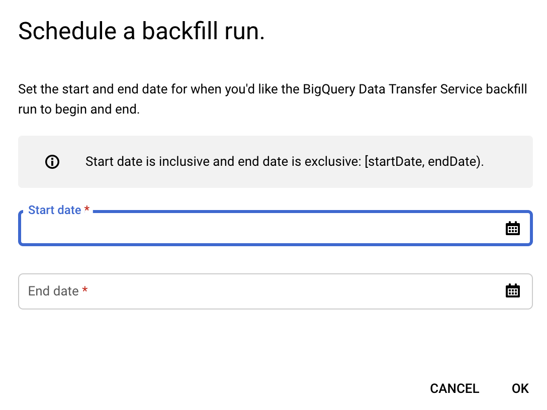 Formular in der Console zum Planen eines Backfill-Laufs mit den erforderlichen Feldern für Start- und Enddatum sowie einem Hinweis, dass das Startdatum einschließend und das Enddatum ausschließend ist.