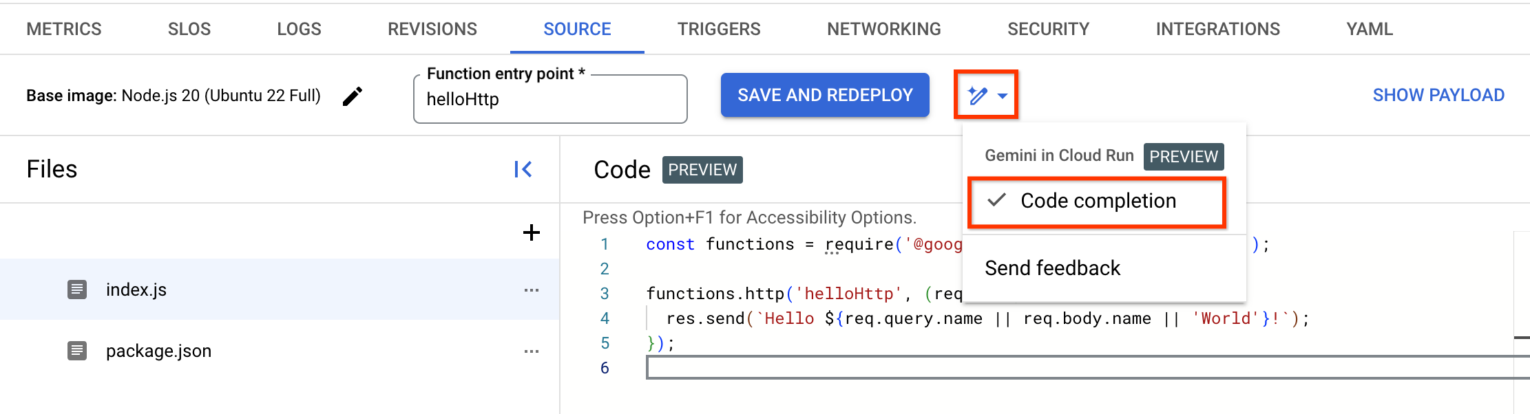 Enable Code completion in the menu