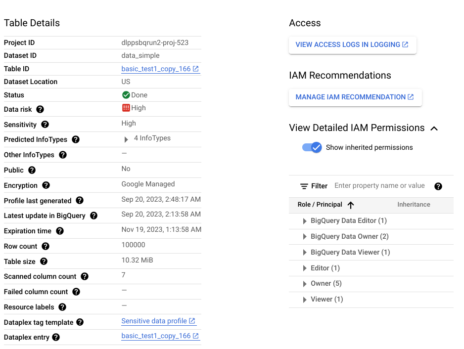 A table-level data profile that shows metrics and insights about the table and
lets you view the table in Logging, IAM, and
Dataplex.