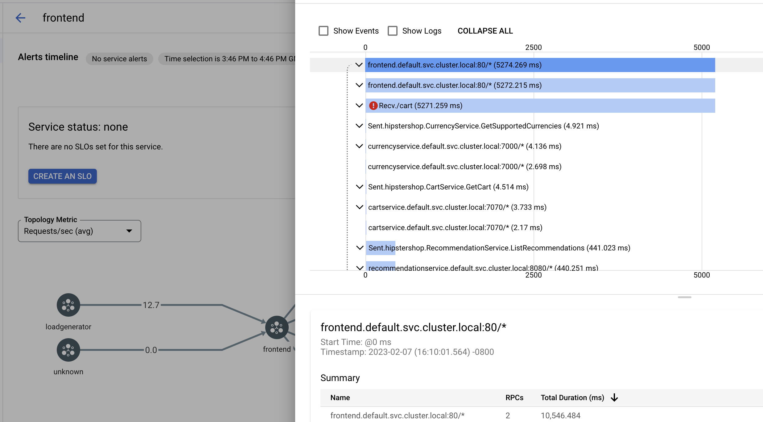 Cloud Service Mesh トレースのサブパネル