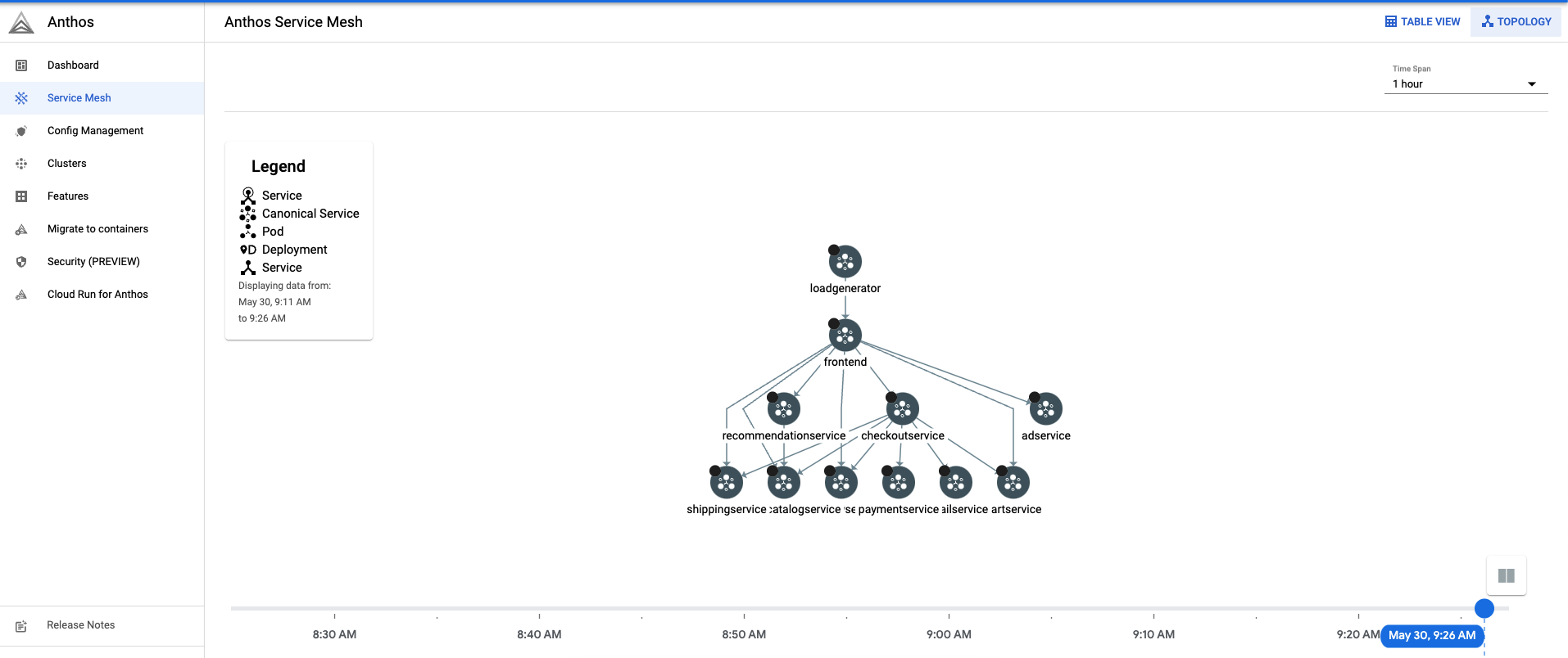 Topología de todas las cargas de trabajo de servicios