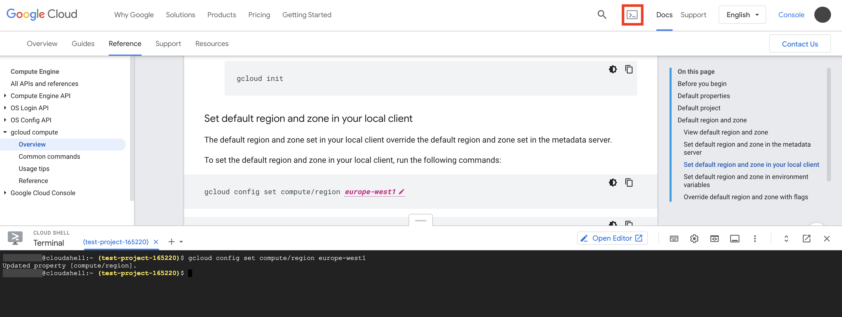 Terminal Cloud Shell lancé dans la moitié inférieure de la page de documentation, avec un exemple de commande gcloud copié dans le terminal Cloud Shell