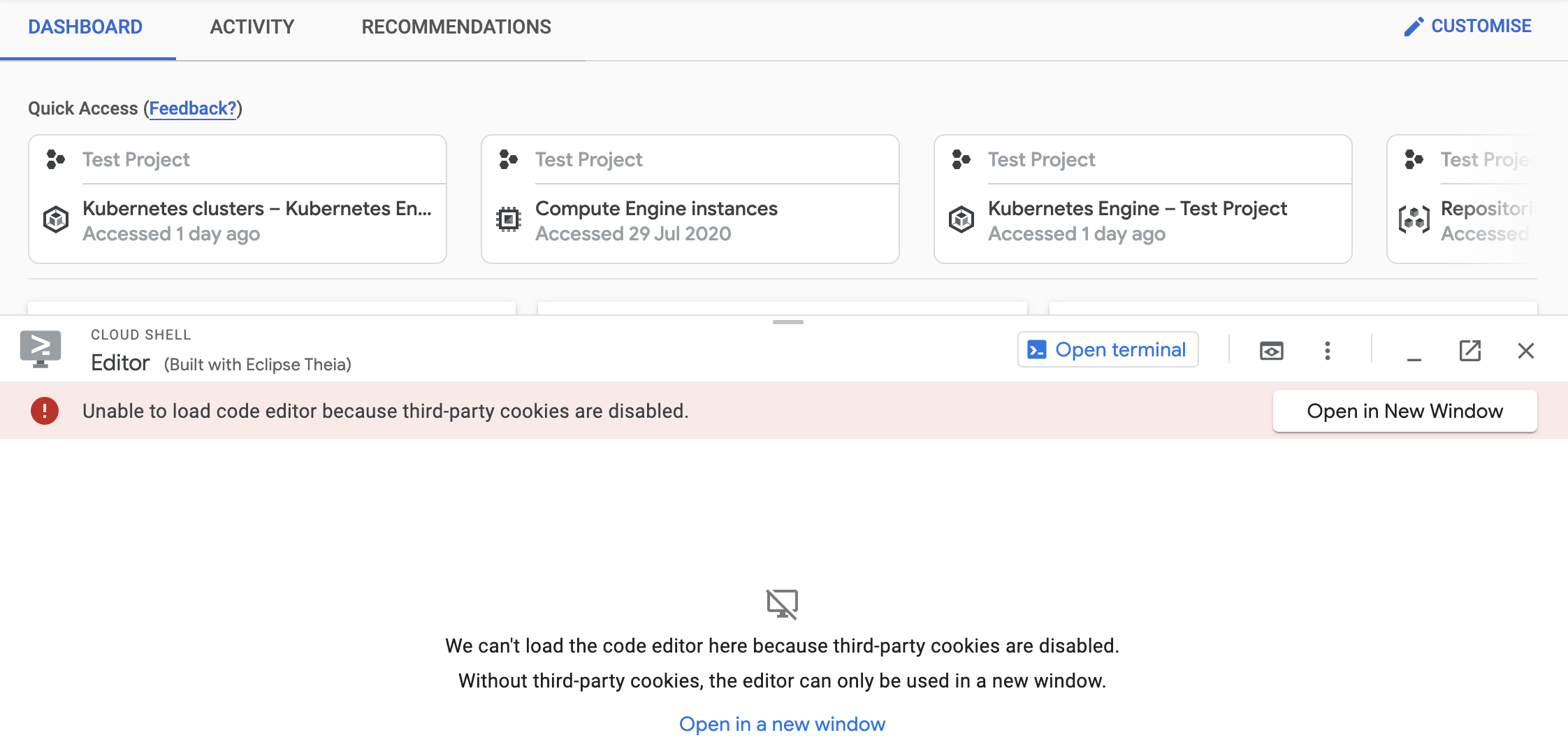 Riquadro dell&#39;editor che spiega che non è stato possibile caricare l&#39;editor di codice a causa del blocco dei cookie di terze parti, con link per aprire l&#39;editor in una nuova finestra