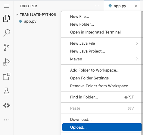 Sube un archivo al proyecto del editor de Cloud Shell.