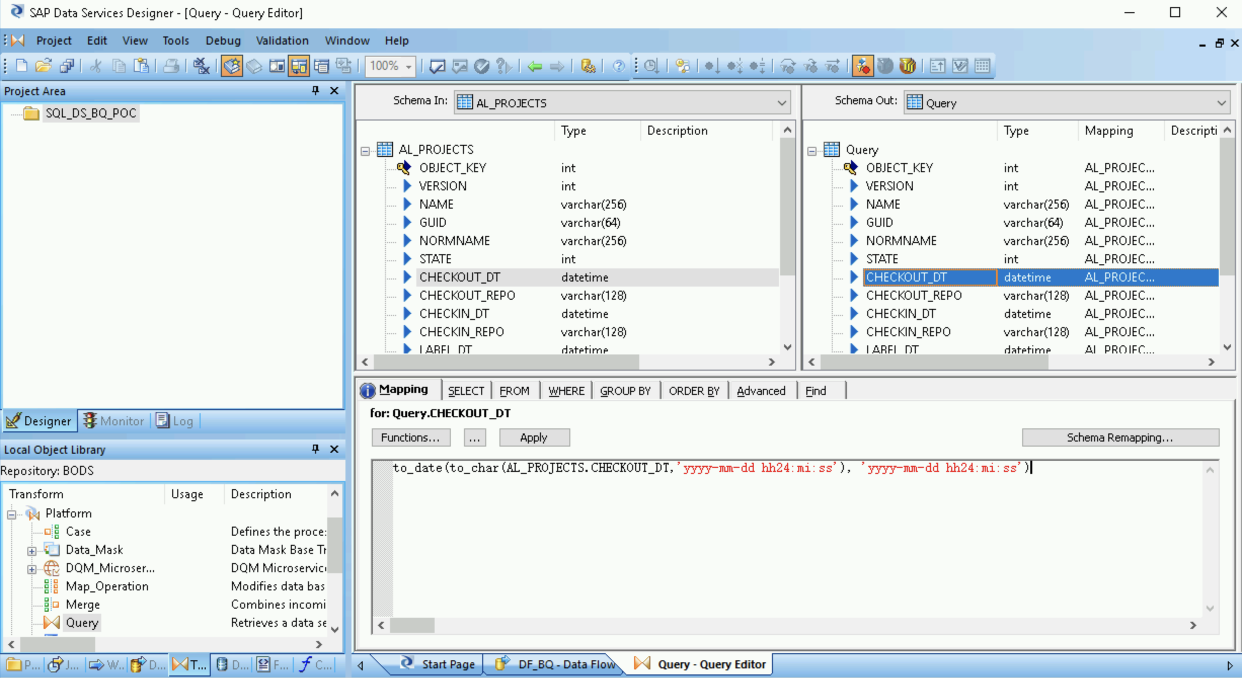 SAP Data Services Designer 的螢幕截圖，顯示欄位的日期時間資料類型轉換。