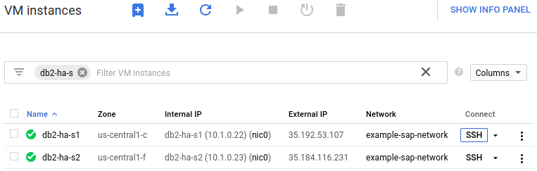 Compute Engine VM 執行個體頁面中的 [SSH] 按鈕。