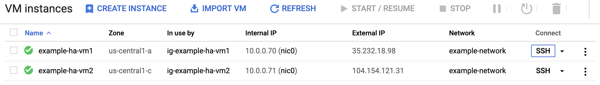 Compute Engine VM 執行個體頁面中的 [SSH] 按鈕。