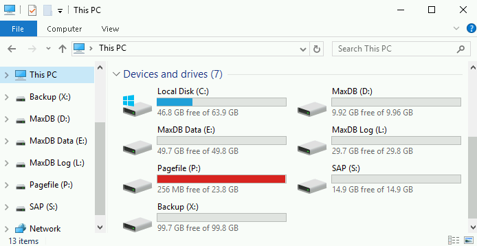 Deployment Manager 針對 MaxDB 建立的磁碟機。