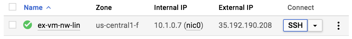 Botão SSH na página "Instâncias de VM" do Compute Engine.