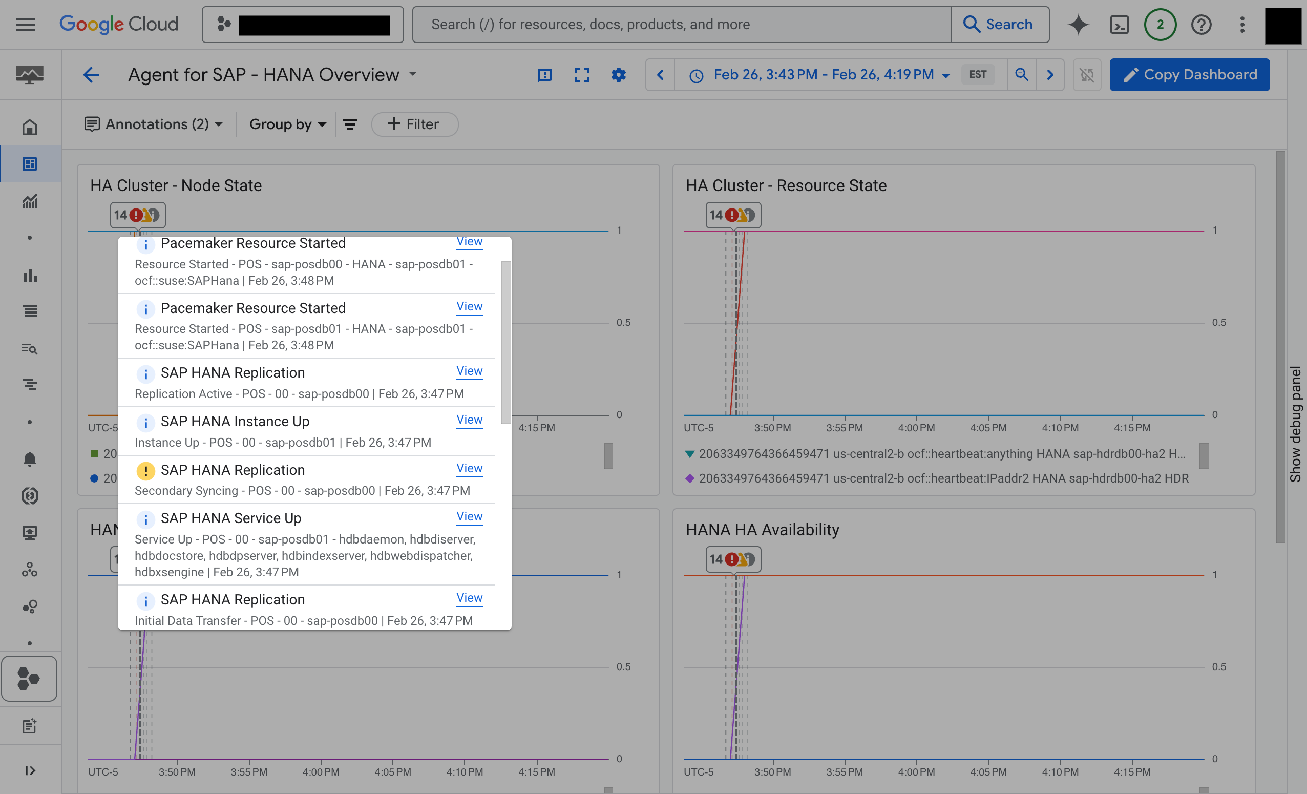 Screenshot shows event annotations for the SAP Availability and SAP Operations event types.