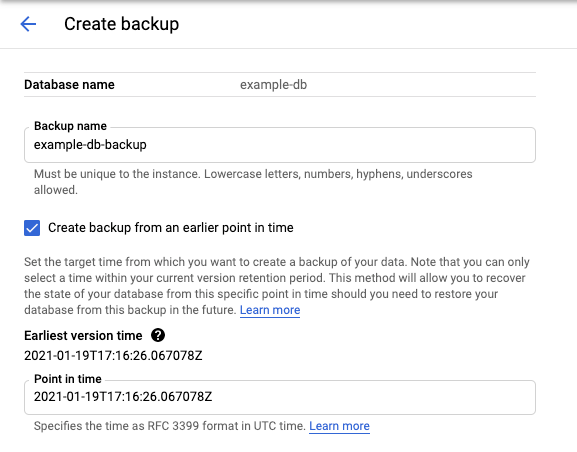 Crie um formulário de backup no console com a opção &quot;Criar backup de um momento mais antigo&quot; marcada e mostrando o horário da versão mais antiga.