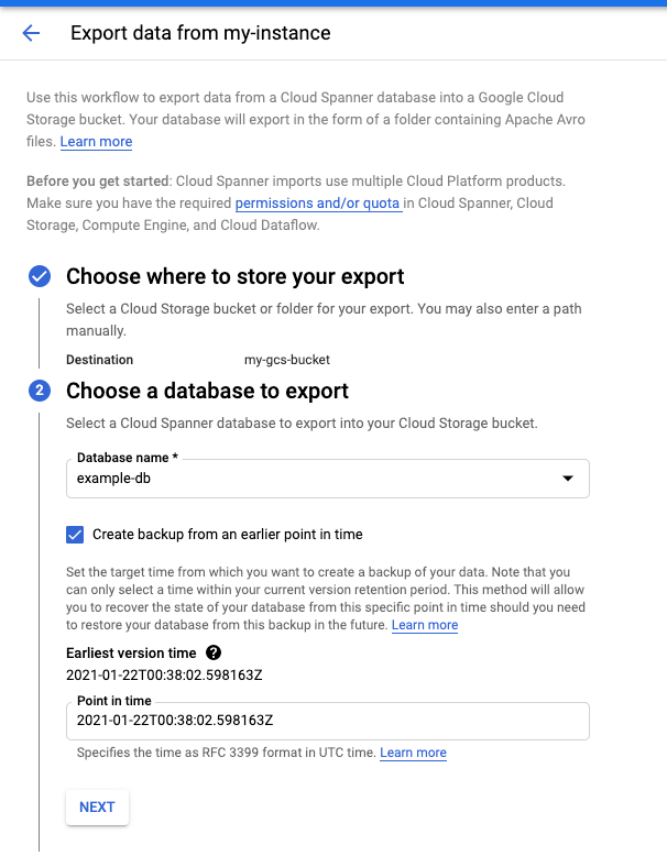 Formulário de exportação de dados no console, mostrando opções para selecionar um bucket de armazenamento e um banco de dados.