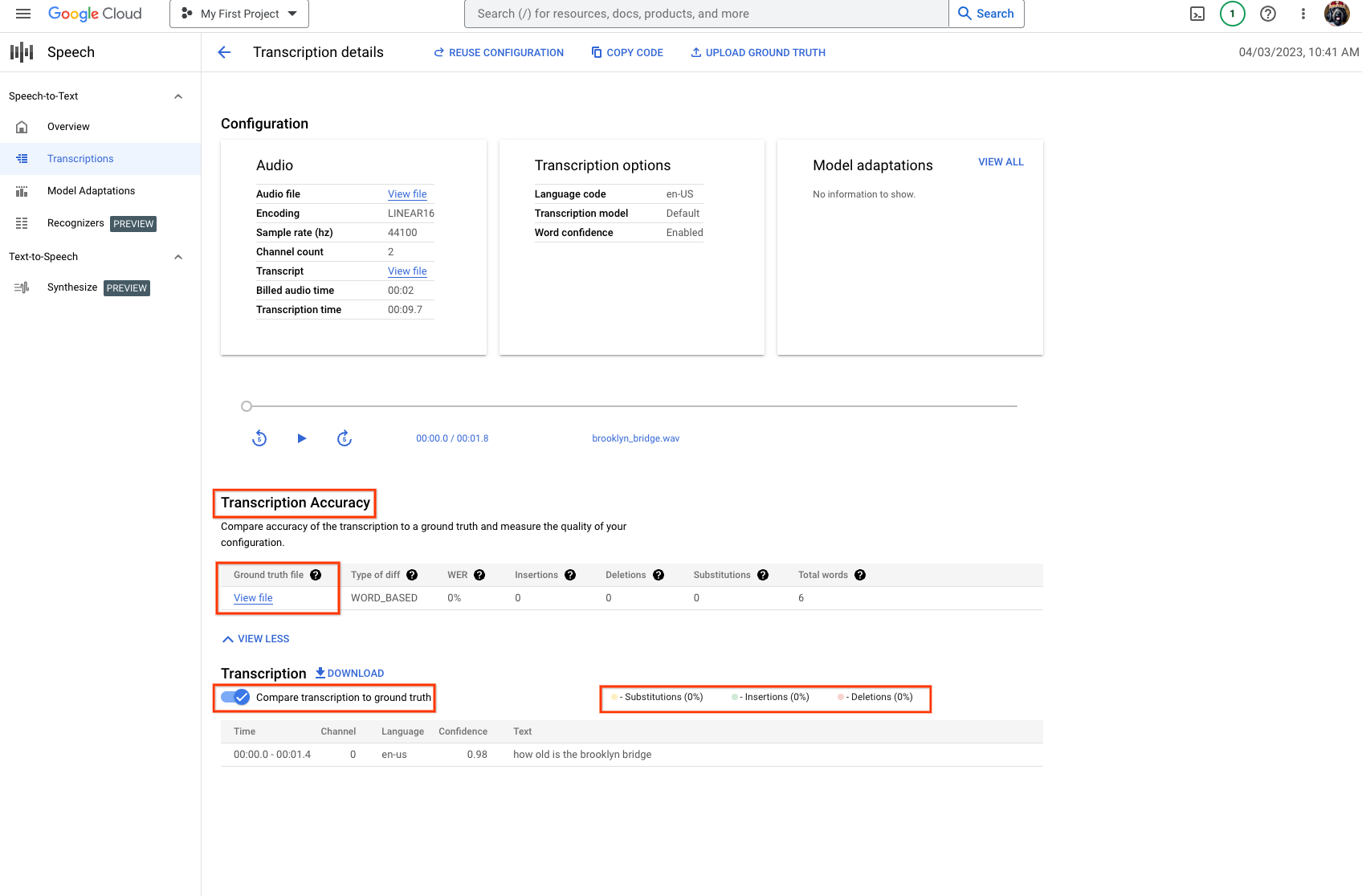 Screenshot della pagina relativa all&#39;accuratezza della trascrizione Speech-to-Text, che mostra i risultati della valutazione calcolati per la trascrizione specificata con una percentuale di errore a livello di parola pari allo 0%.