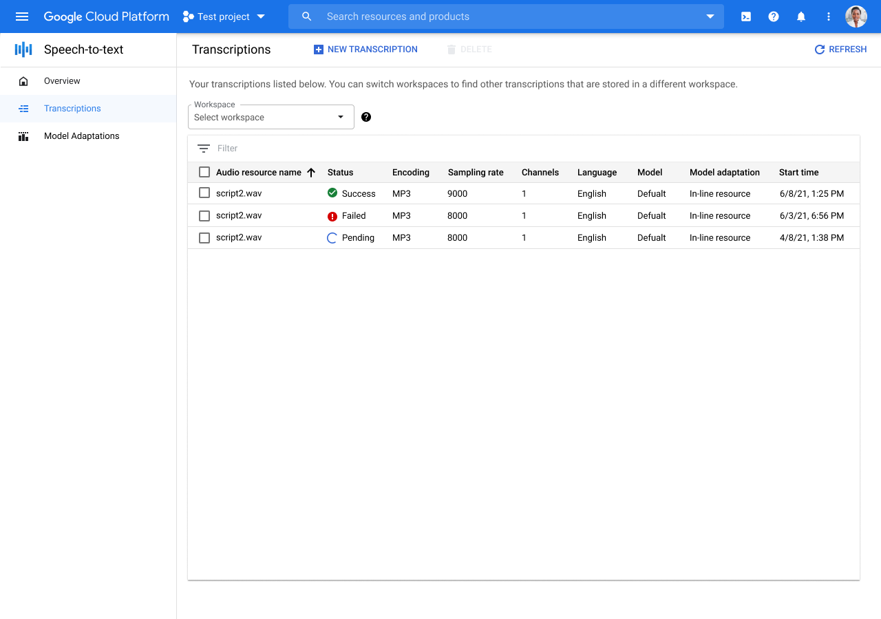 Screenshot of the Transcription List page in the Google Cloud console.