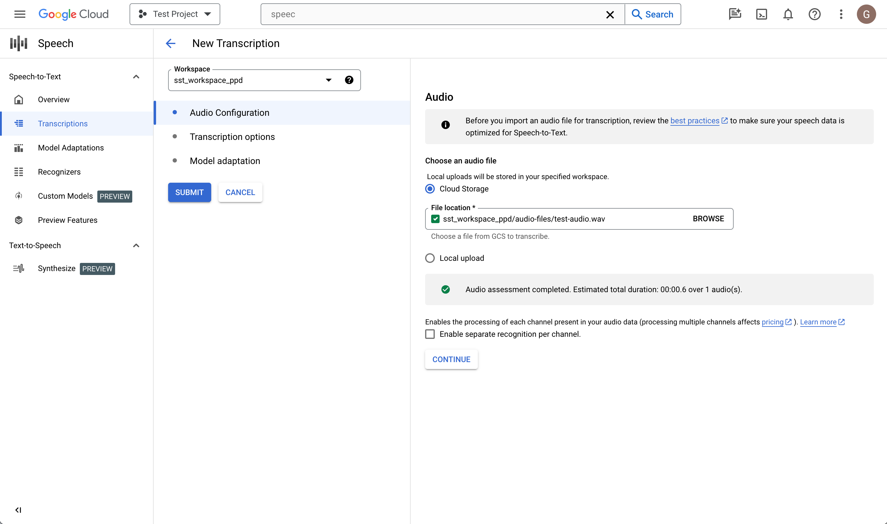 Capture d&#39;écran de la page &quot;Créer une transcription&quot; de Speech-to-text.