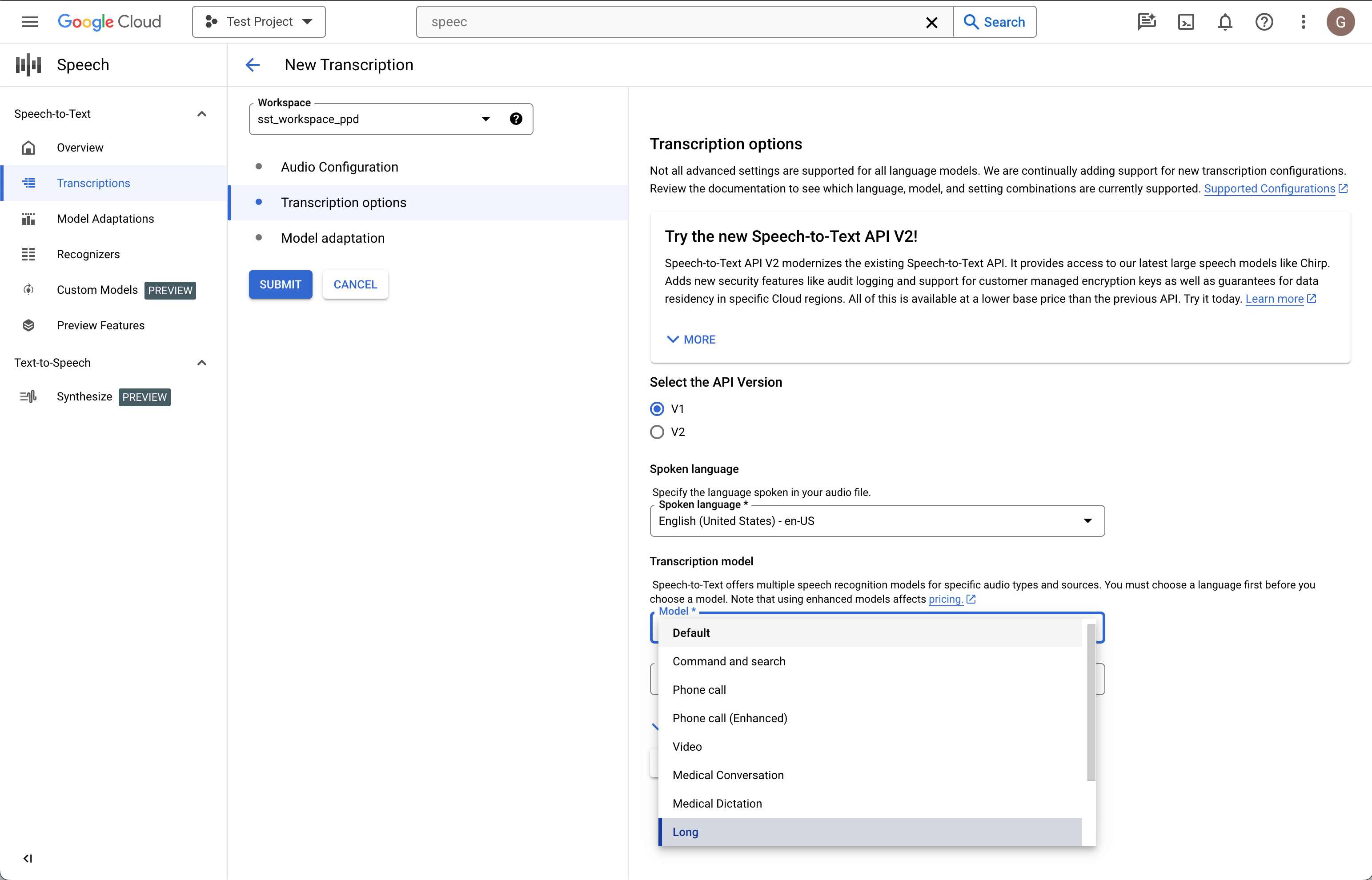 Screenshot halaman Speech-to-text Create Transcription.