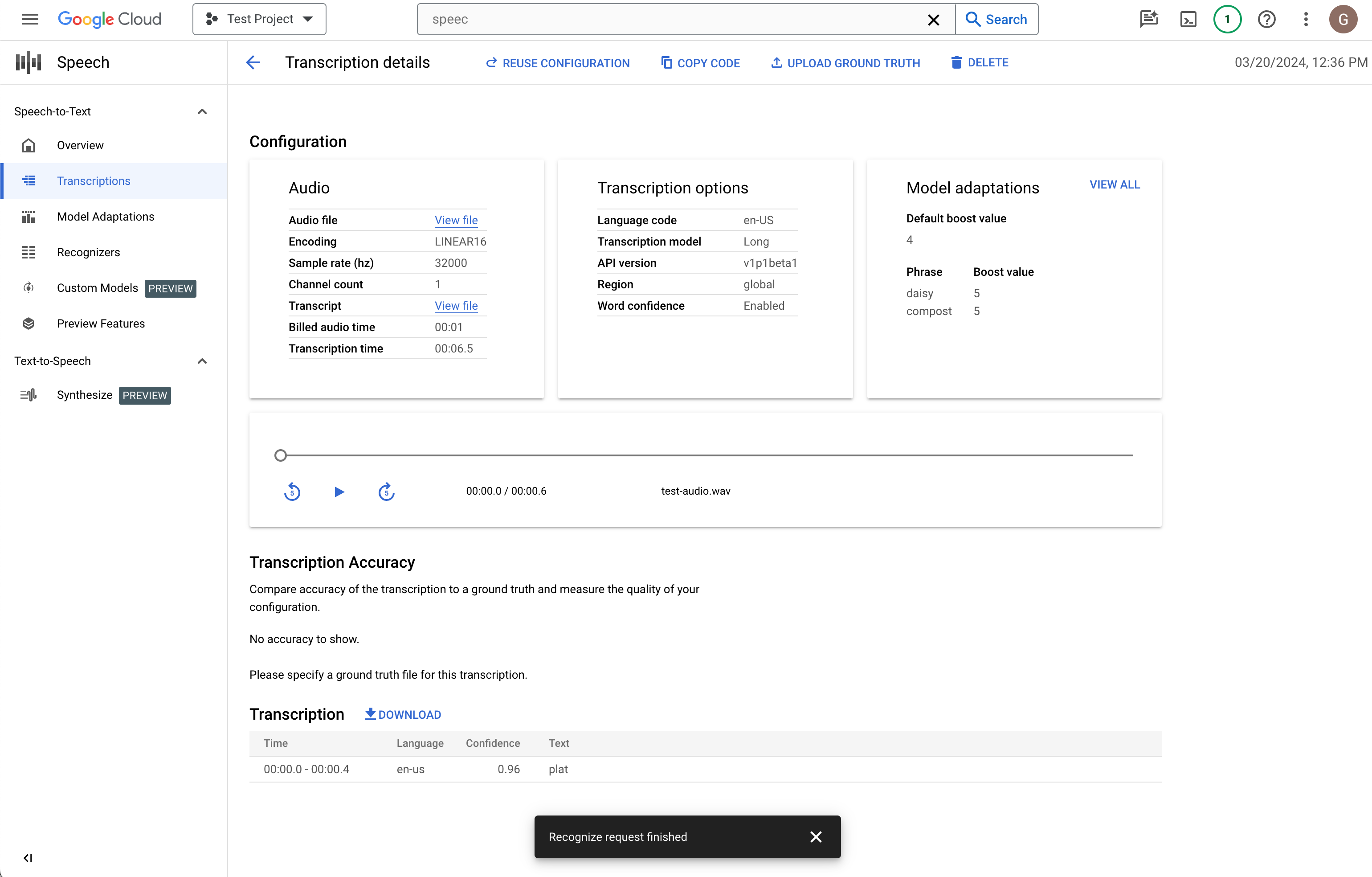 Screenshot der Seite &quot;Speech-to-Text-Transkriptionsliste&quot;