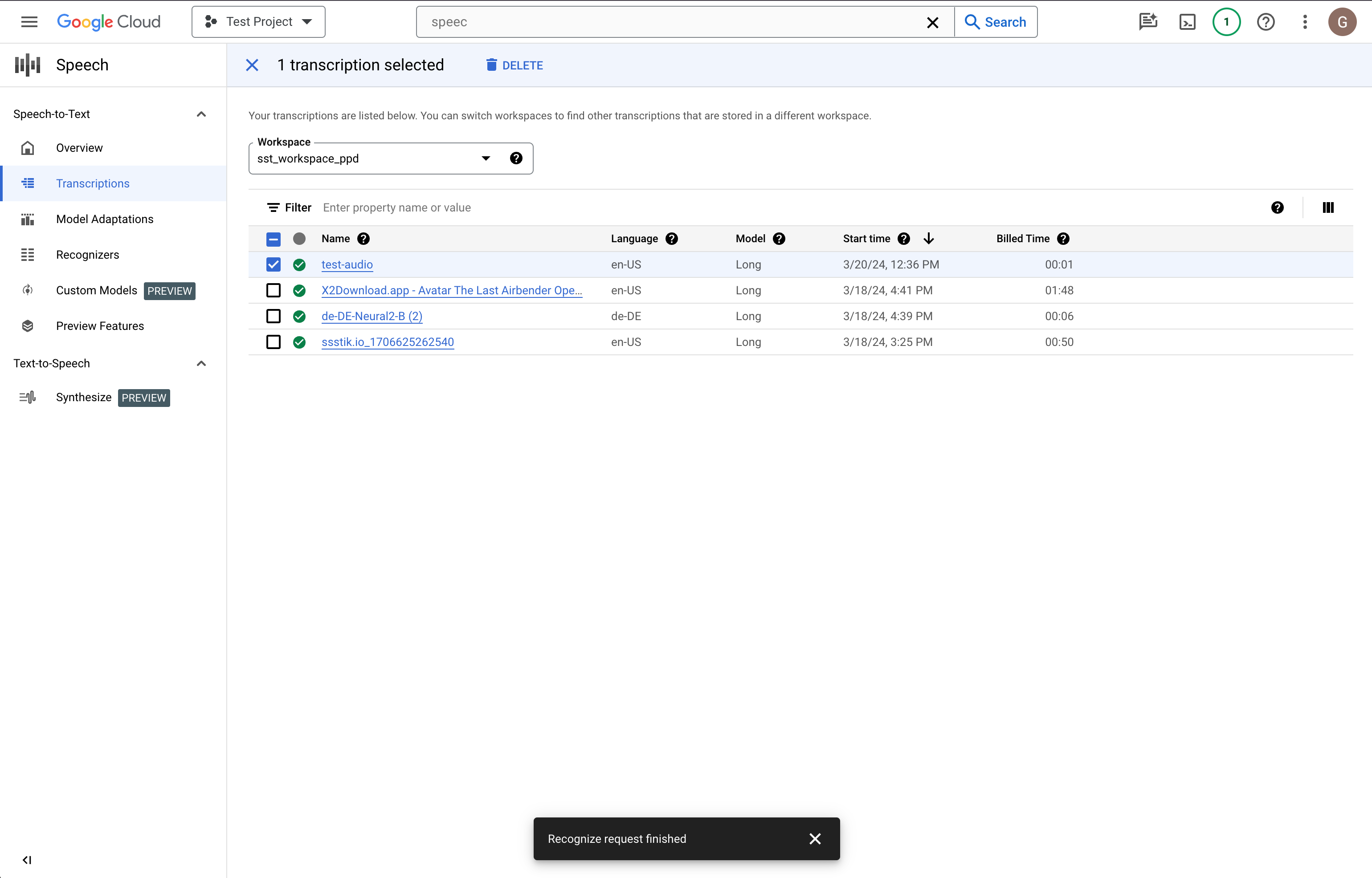 Capture d&#39;écran de la page &quot;Liste de transcription&quot; de Speech-to-text.