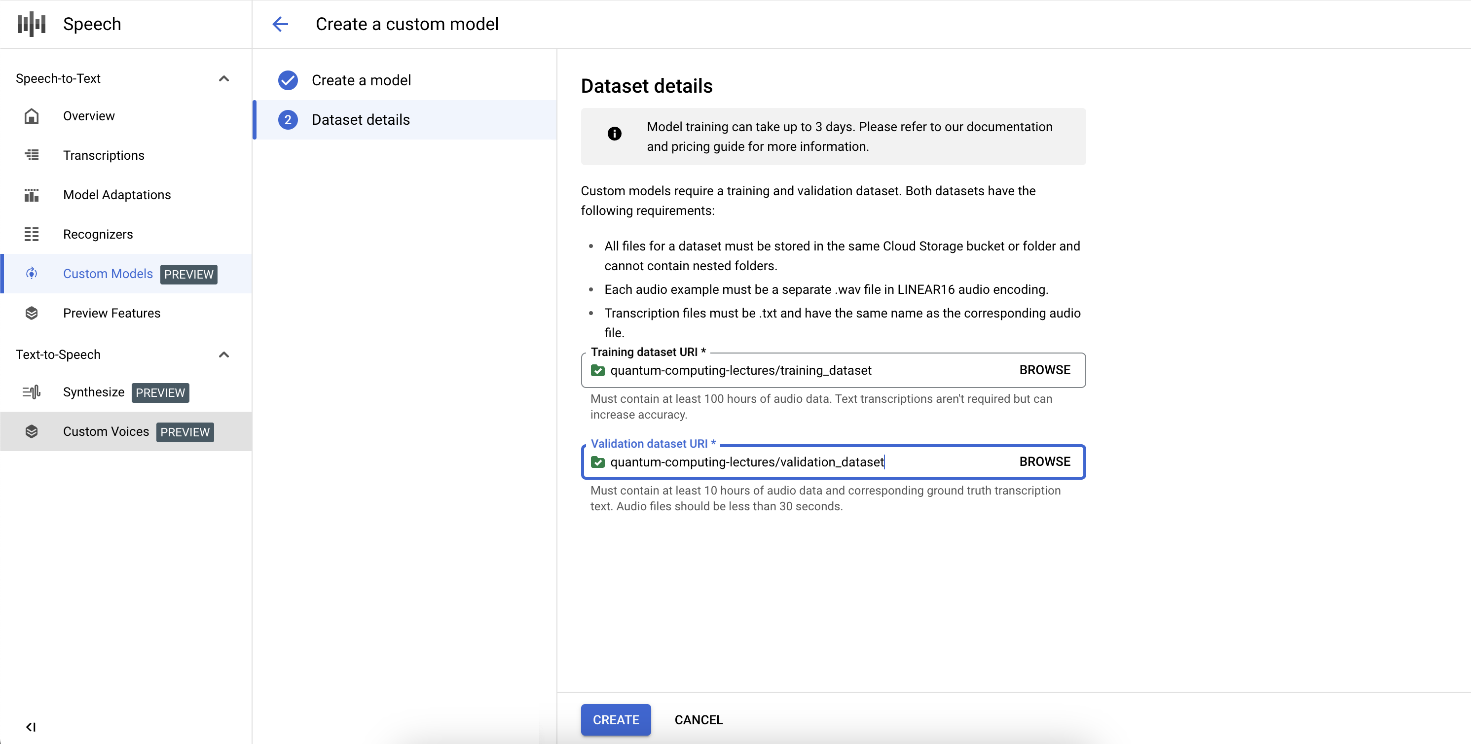 Screenshot of the Custom Speech-to-Text model creation workflow, showing the fields required for the training and validation datasets of the custom model