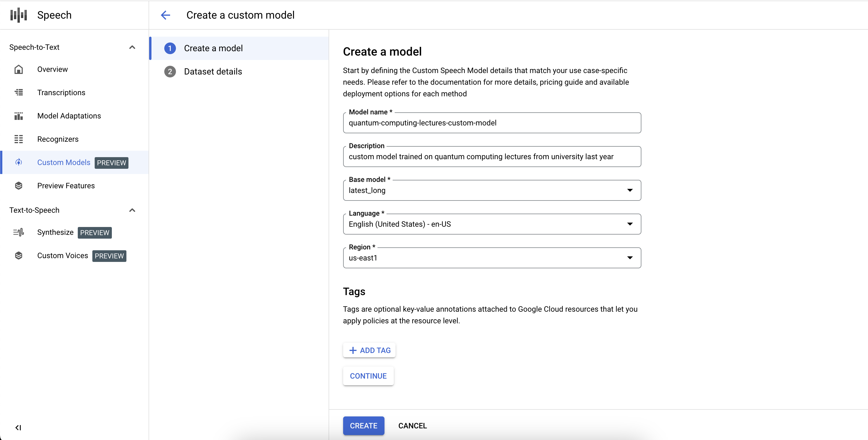 Screenshot des Workflows zum Erstellen eines benutzerdefinierten Speech-to-Text-Modells mit den für das benutzerdefinierte Modell erforderlichen Feldern