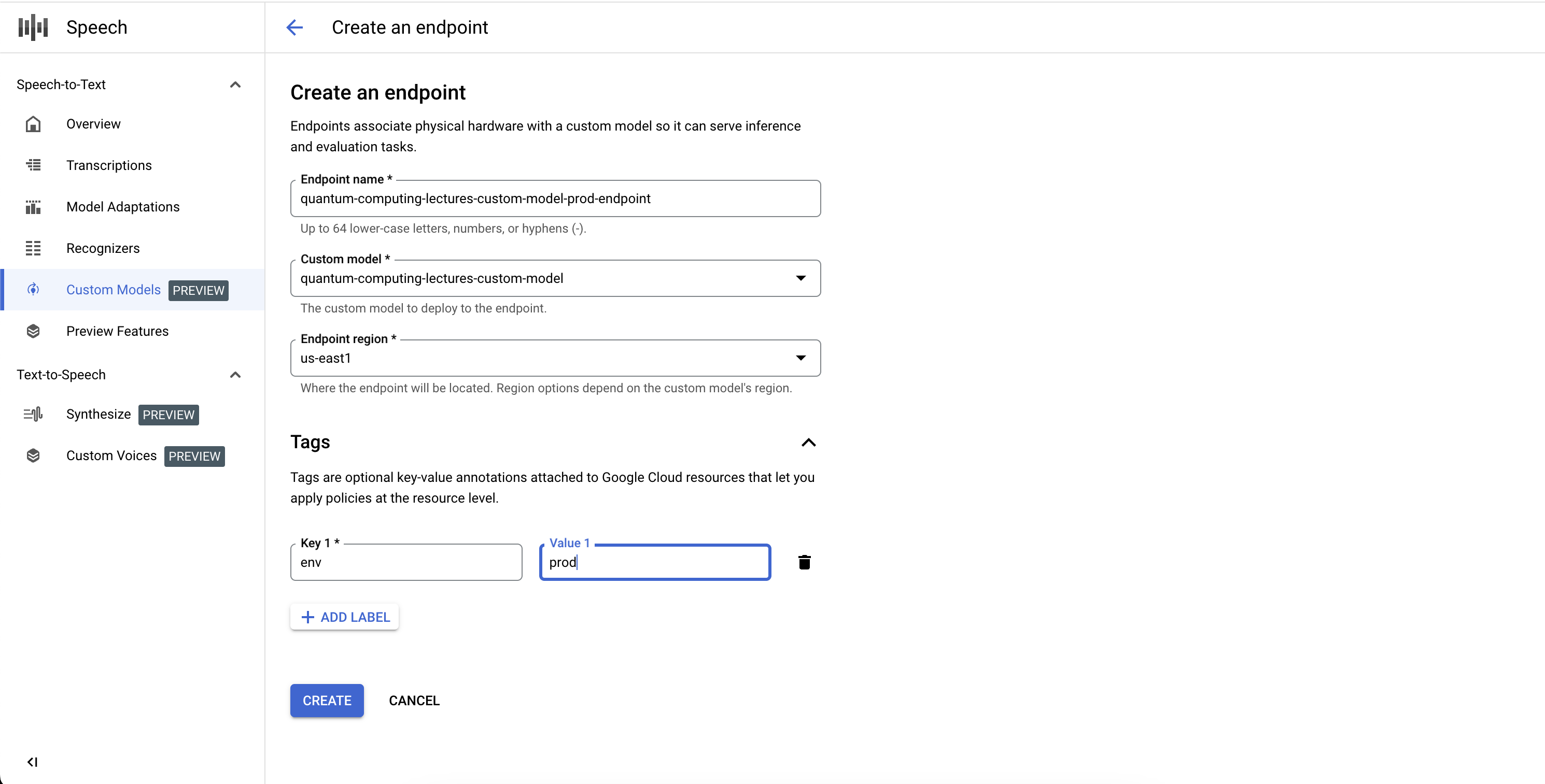 Screenshot des Workflows zum Erstellen eines Endpunkts für ein benutzerdefiniertes Speech-to-Text-Modell mit den für den Endpunkt des benutzerdefinierten Modells erforderlichen Feldern