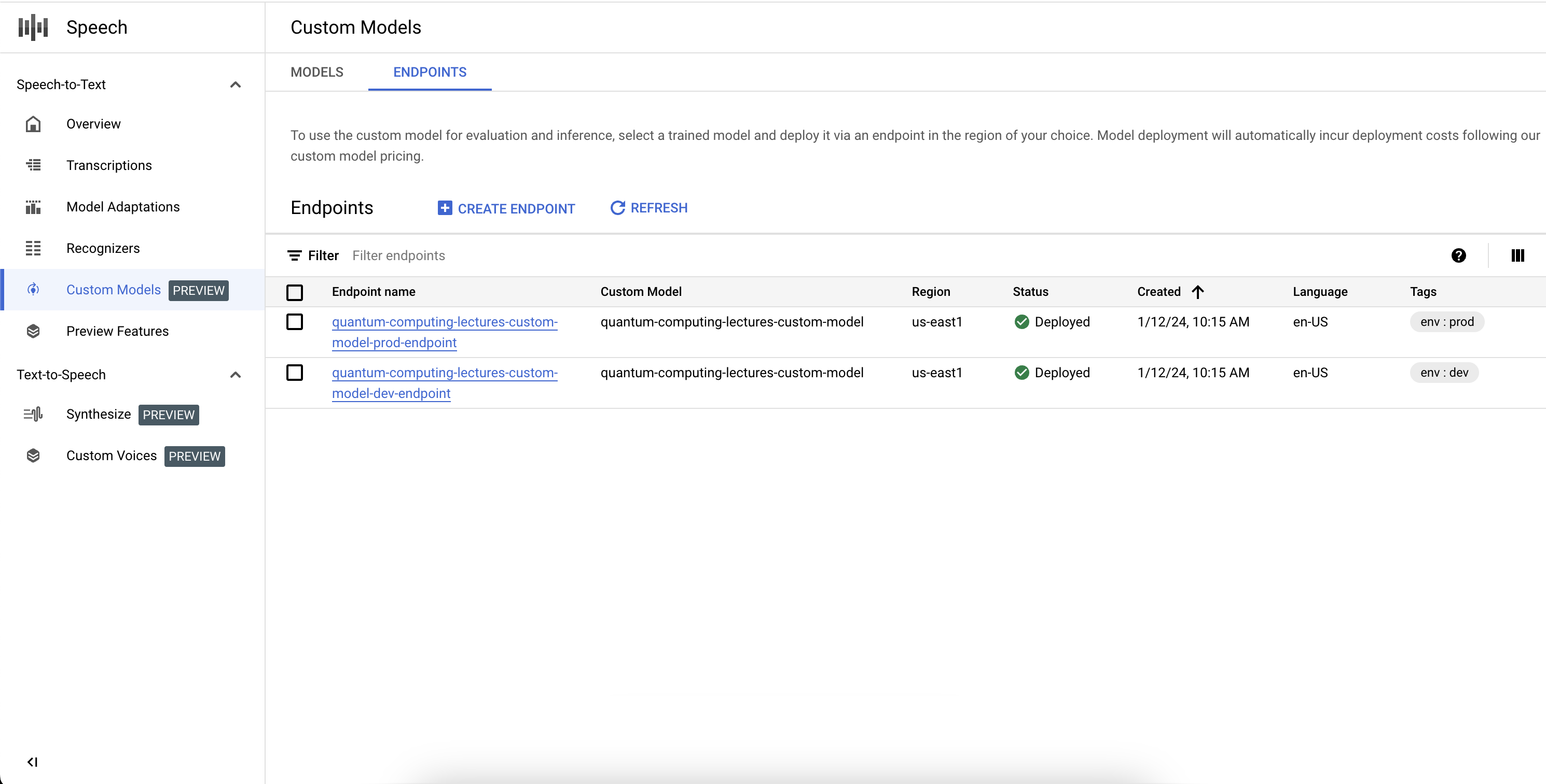Screenshot des Workflows für die Liste der Endpunkte des benutzerdefinierten Speech-to-Text-Modells mit einer Tabelle mit allen bereits erstellten Endpunkten der benutzerdefinierten Modelle