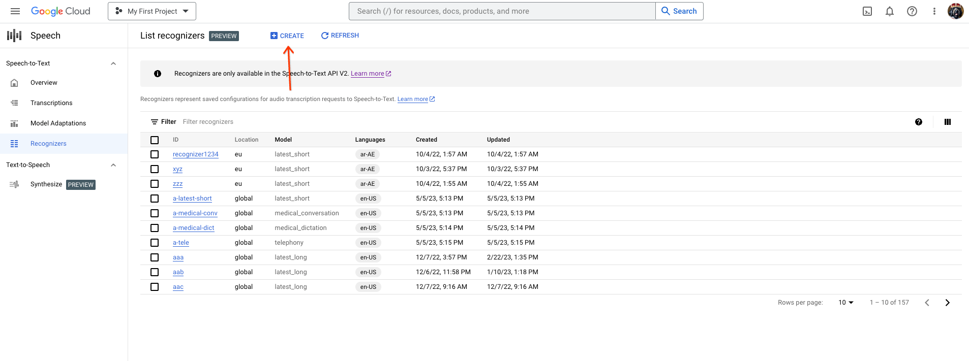 Capture d&#39;écran de la liste des outils de reconnaissance Speech-to-text.