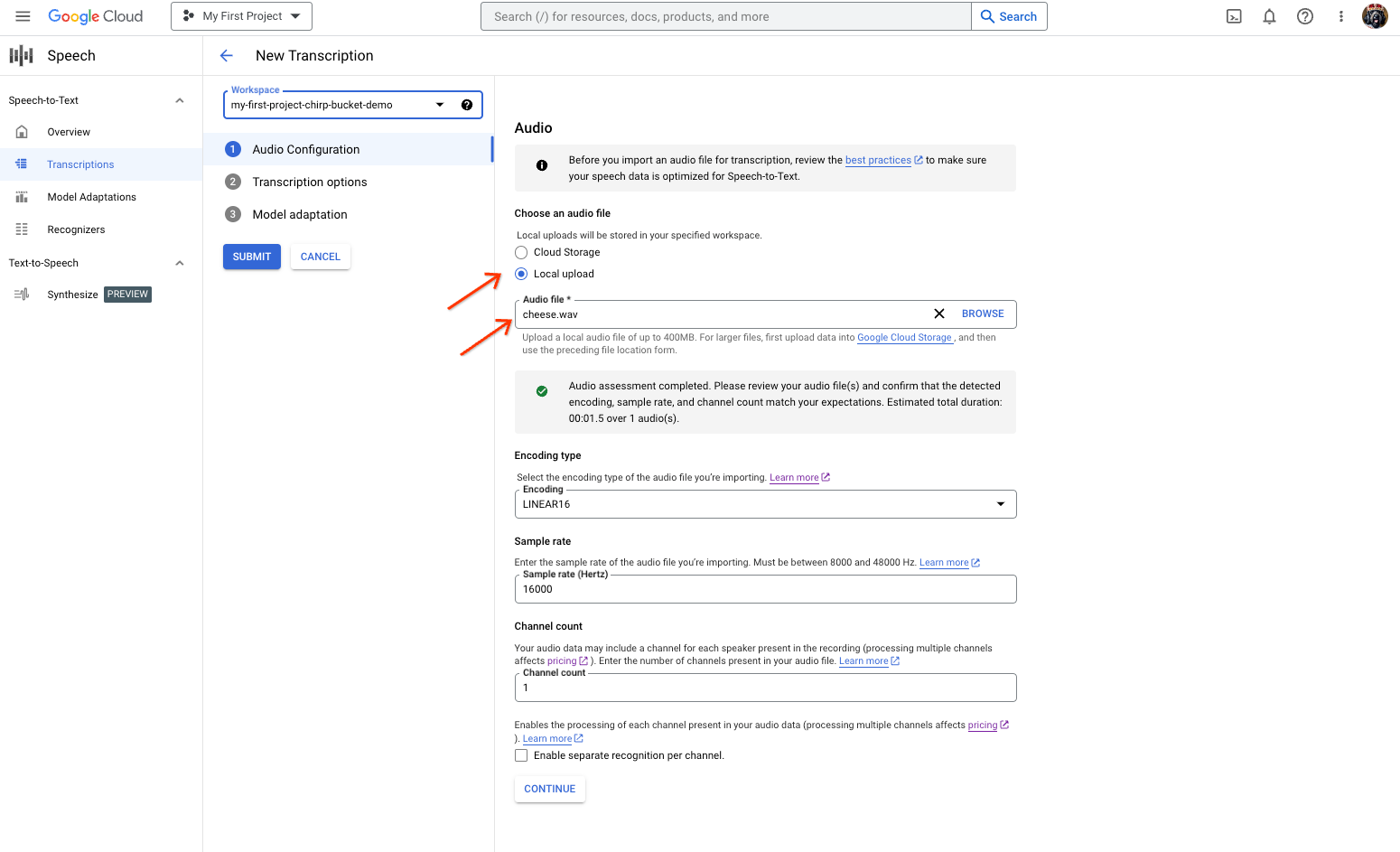 Screenshot halaman pembuatan transkripsi Speech-to-text, yang menampilkan pemilihan atau upload file.