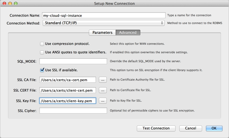 La configurazione della nuova connessione, avanzata in MySQL Workbench.