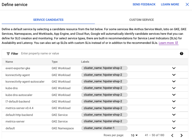 Potential services are listed on the **Service Candates** tab.