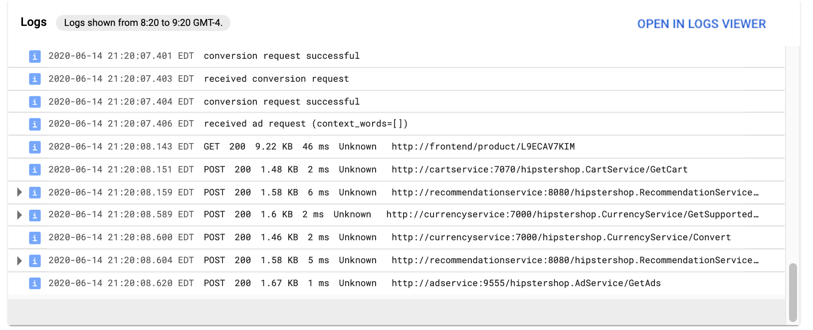 **「記錄檔」** 會顯示這項服務寫入的 Cloud Logging 記錄項目。