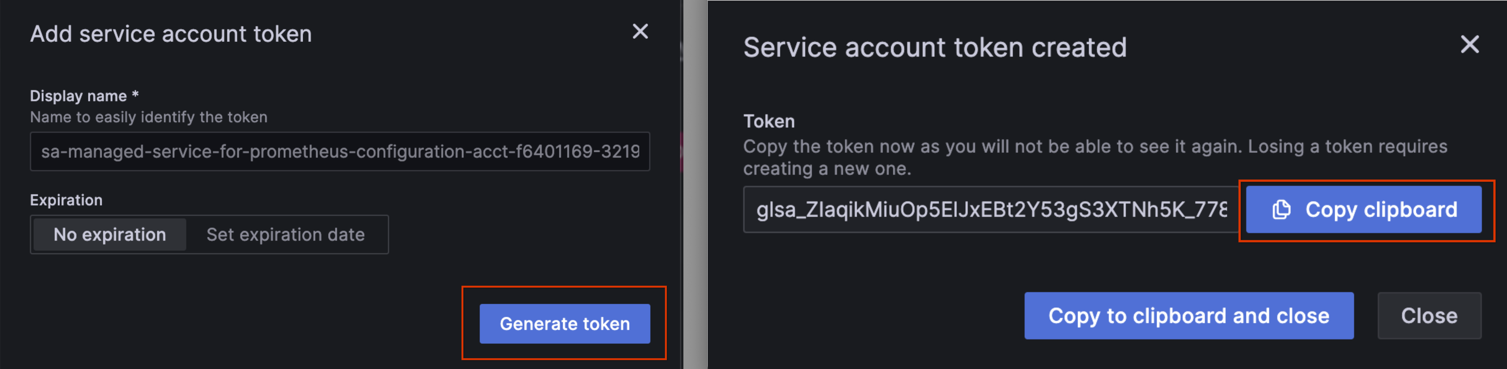 在 Grafana 中產生並儲存服務帳戶權杖。