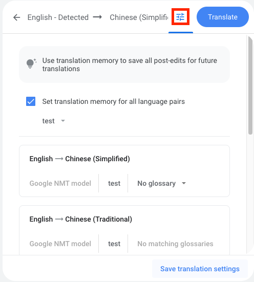 Configuración del trabajo de traducción