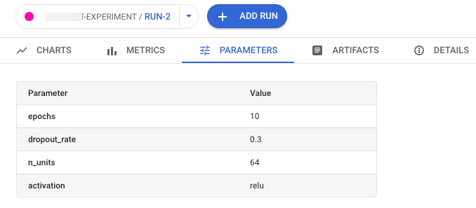 Vertex AI 實驗執行參數