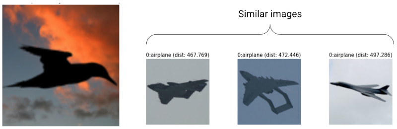 Beispielbasierte Erklärung mit einem falsch klassifizierten Bild einer Vogelsilhouette und ähnlichen Bildern von Flugzeugsilhouetten aus den Trainingsdaten.