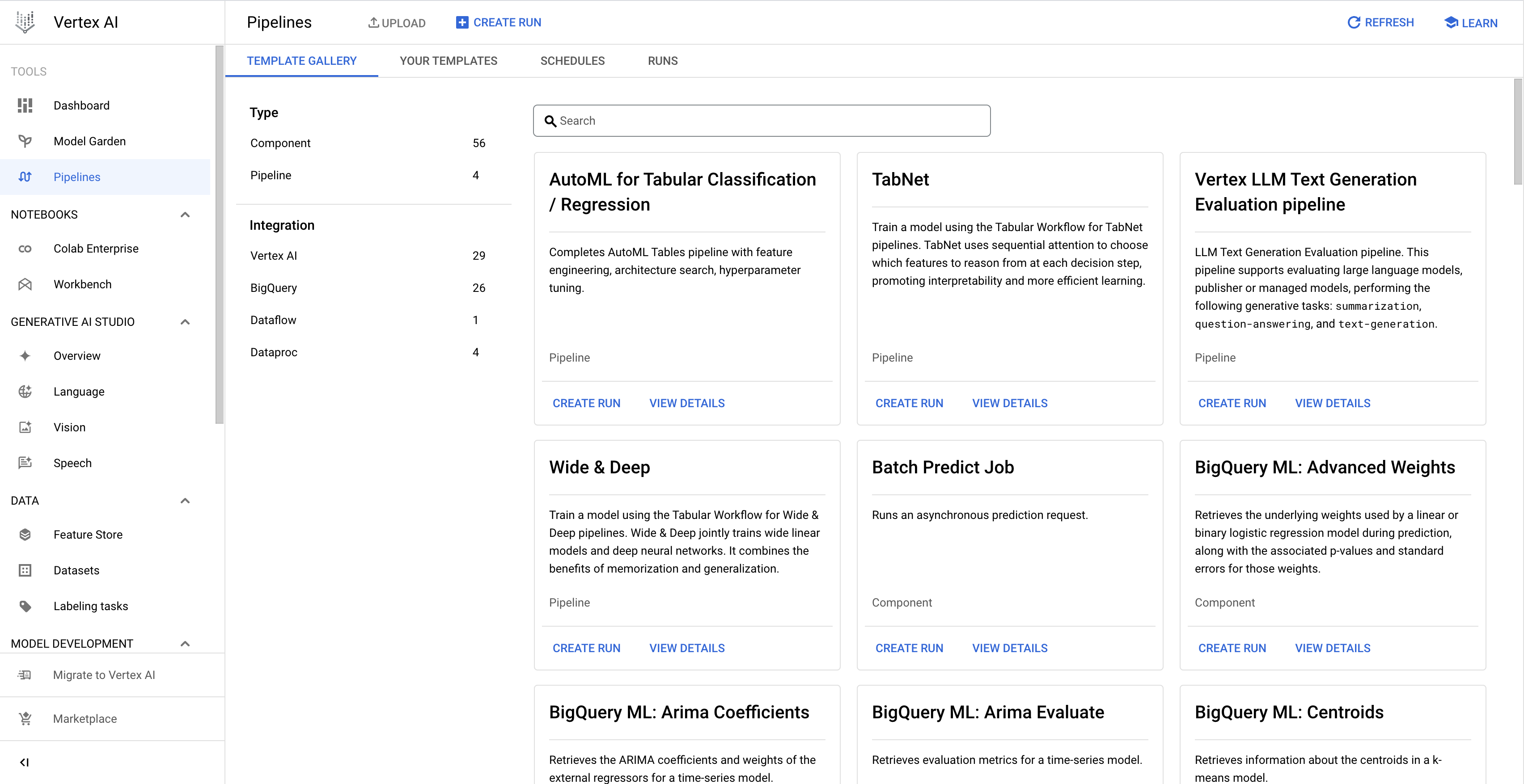 顯示「範本庫」頁面，其中包含 Google 為 Tabular Workflows 編寫的管道範本