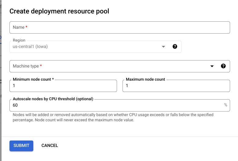 Formular für den Bereitstellungsressourcenpool erstellen, wobei die Mindest- und Höchstzahl der Knoten auf „1“ und die Option „Knoten nach CPU-Schwellenwert automatisch skalieren“ auf „60“ festgelegt ist