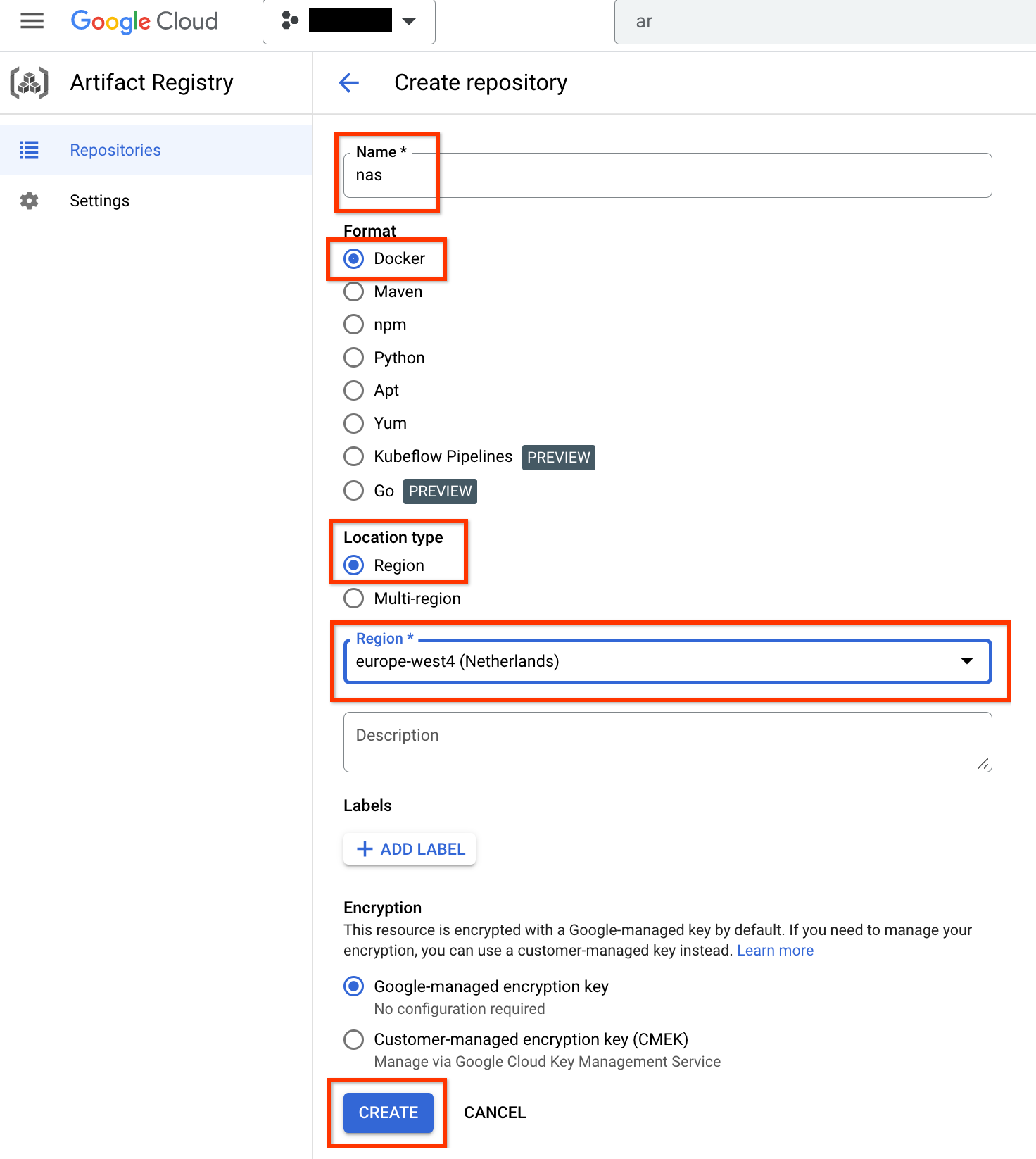 Paramètres pour Artifact Registry