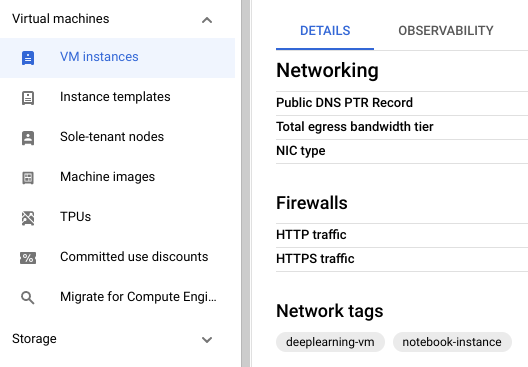 La sezione Macchine virtuali del menu di navigazione della console, con le istanze VM selezionate, che mostra i tag di rete attualmente assegnati.
