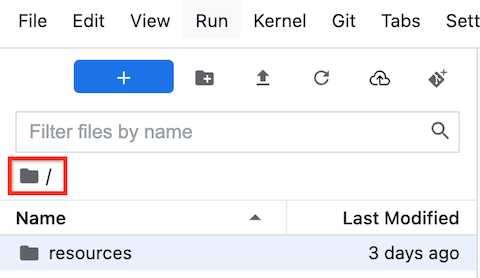 Vertex AI Workbench 中的 JupyterLab 文件浏览器，突出显示了可以在其中克隆 GitHub 代码库的主文件夹。