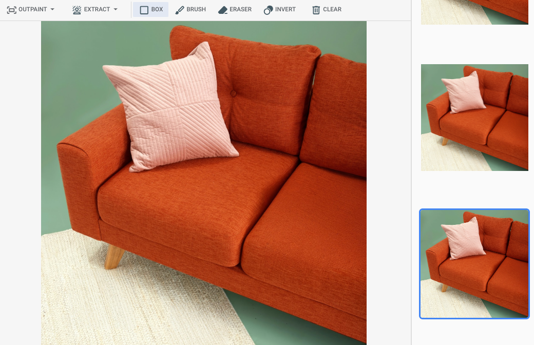 Uma amostra de imagem editada mostra o sofá e o tapete no exemplo de entrada sem limões